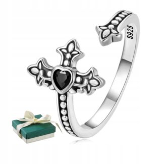 Pierścionek Czarny Krzyż regulowany srebro 925+ pudełeczko