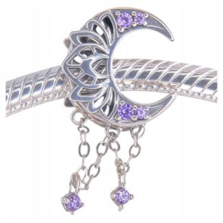 Charms "Mistyczny Księżyc" ze Srebra 925 z Fioletowymi Cyrkoniami Kwiat